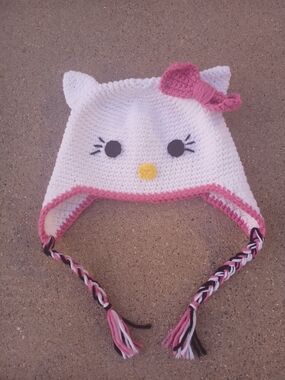 Handmade Hello Kitty Crochet Earflap Hat with Braids - Excellent Condition